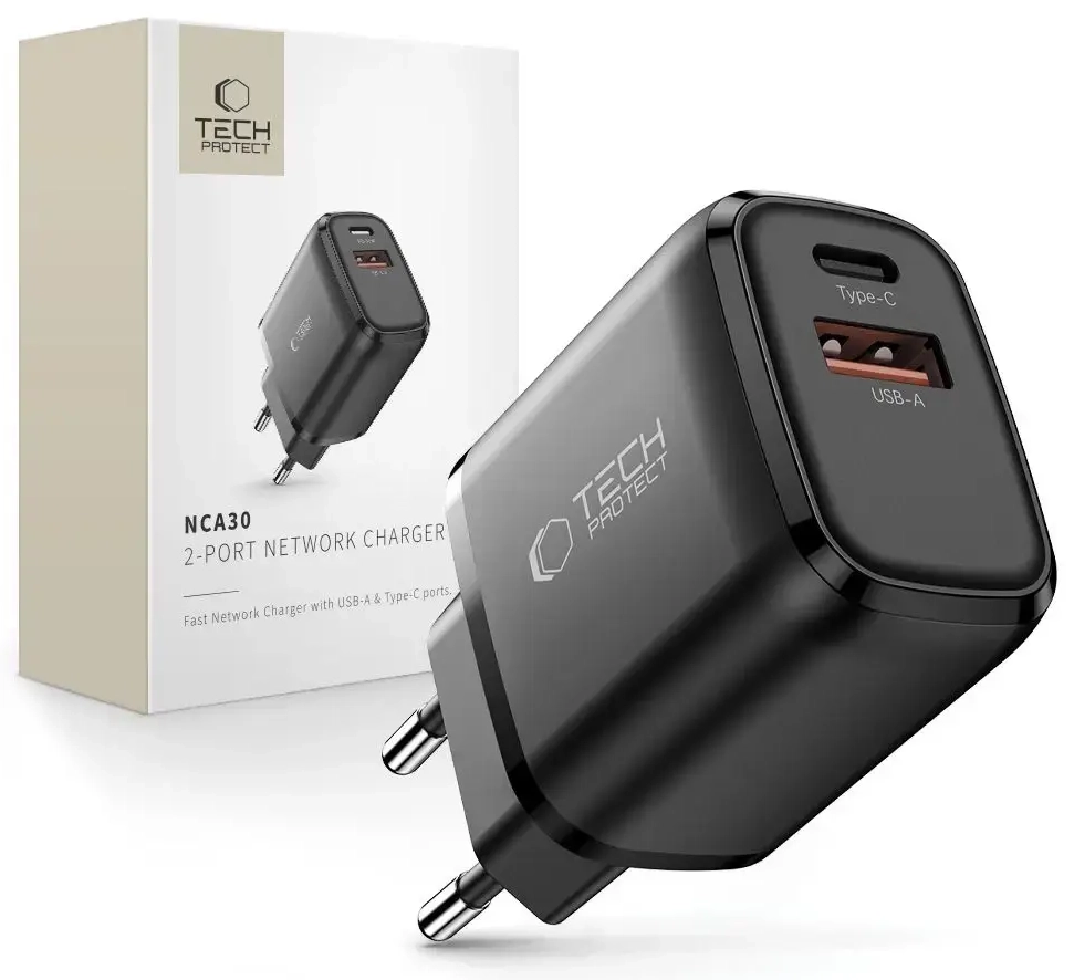 Tech-Protect NCA30 tinklo įkroviklis | 30W | PD, QC | USB-A, USB-C | juodas