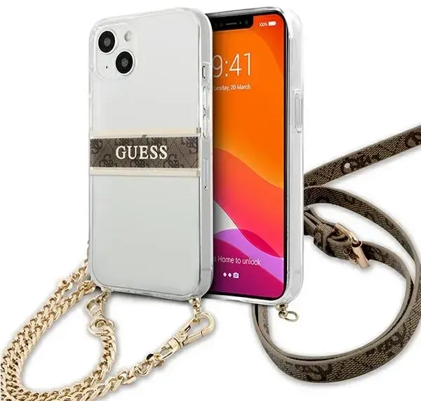Guess GUHCP13SKC4GBGO iPhone 13 mini 5,4" Transparent hardcase 4G Brown Strap Gold Chain