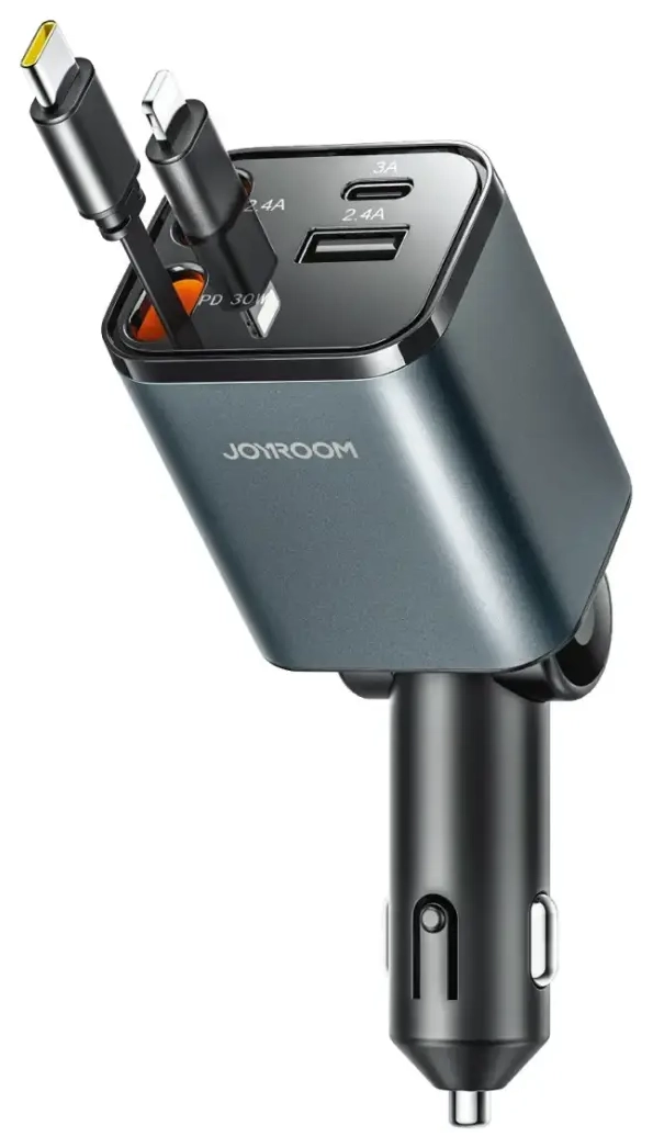 Зарядка для автомобиля Joyroom JR-CCL05 | 30W | PD, QC, PPS | USB-C, Lightning, USB-A | с кабелями USB-C и Lightning в комплекте | темно-серая
