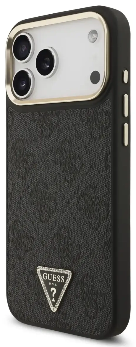 Guess PU Leather 4G Strass Triangle Logo Gold Frame MagSafe Case for iPhone 17 Pro Max Black
