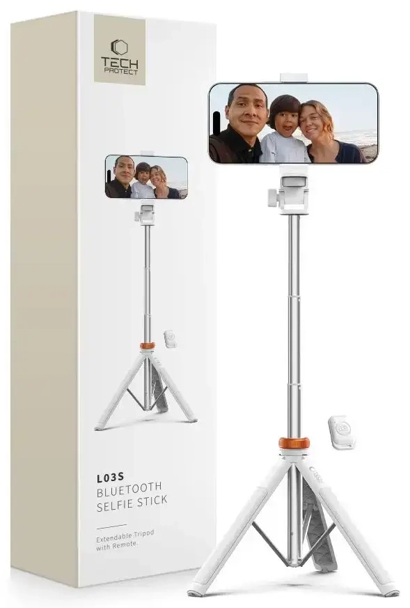 Tech-Protect L03S Bluetooth selfie stick with remote control, tripod up to 148cm and 180 head - white