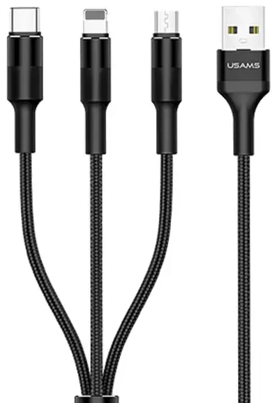 USAMS US-SJ219 3-in-1 провод для передачи данных и зарядки | USB-A на Lightning, Micro USB, USB-C | 10W | 1.5m | черный