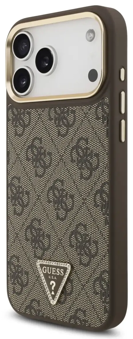 Guess PU Leather 4G Strass Triangle Logo Gold Frame MagSafe Case for iPhone 17 Pro Max Brown