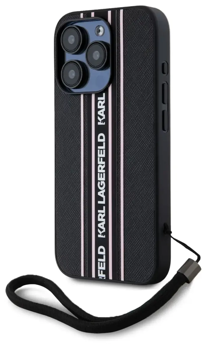 Karl Lagerfeld PU Saffiano Athleisure Stripe and Strap Case for iPhone 15 Pro Max Pink