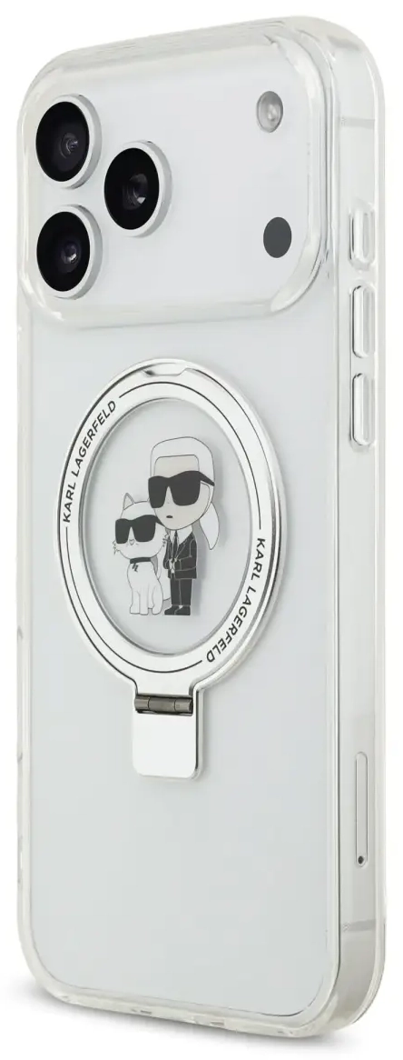 Karl Lagerfeld Ringstand Karl and Choupette maciņš ar MagSafe atbalstu telefonam iPhone 17 Pro Max balts