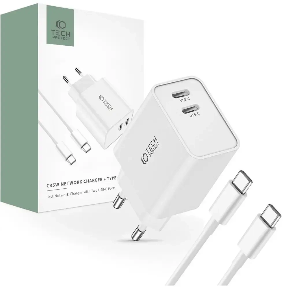 Tech-Protect C35W tīkla lādētājs | 35W | PD | USB-C | USB-C uz USB-C vads komplektā | balts
