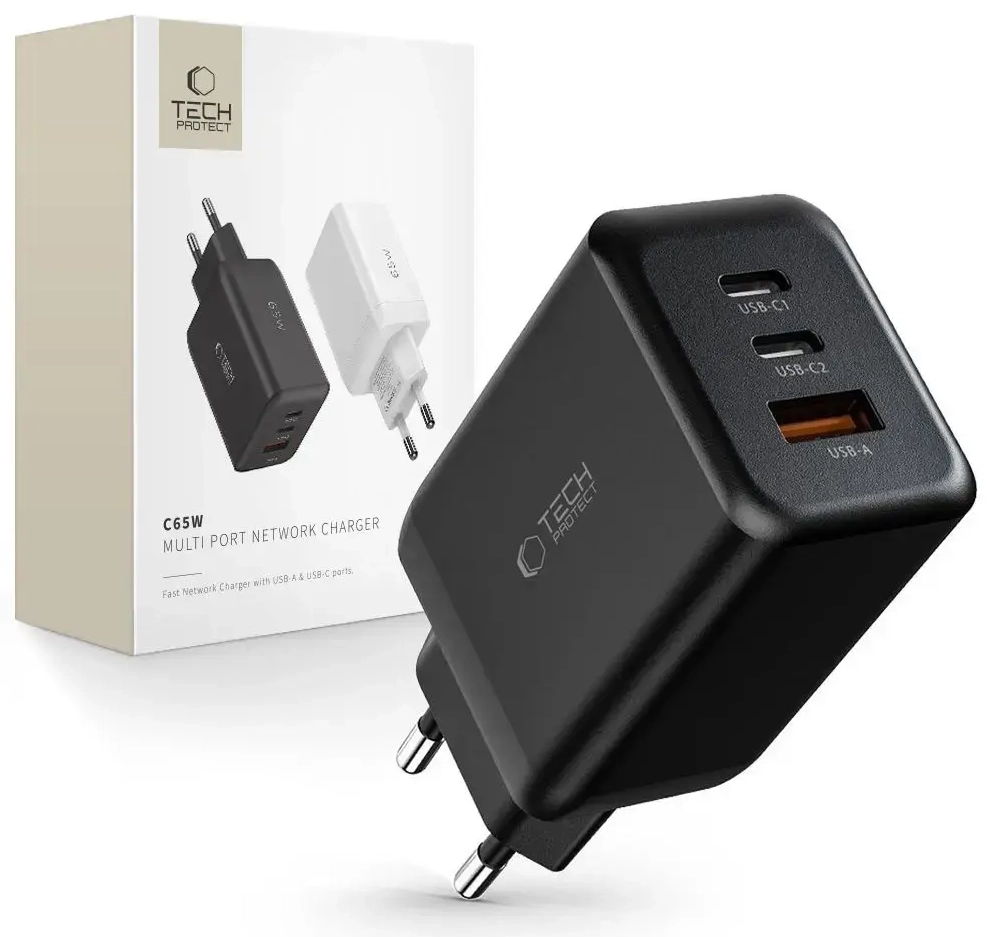 Tech-Protect C65W travel charger | 65W | PD, QC 3.0 | USB-C, USB-A | black