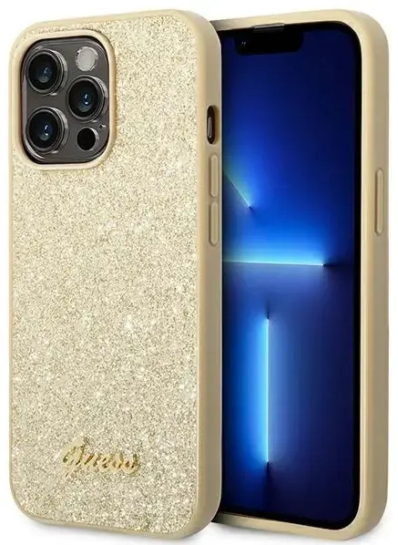 Guess PC|TPU Glitter Flakes Metal Logo Case for iPhone 14 Pro Gold