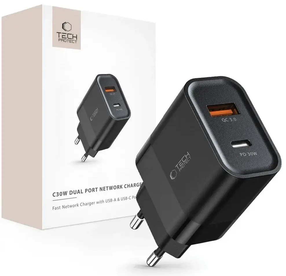 Tech-Protect C30W travel charger | 30W | PD, QC 3.0 | USB-C, USB-A | black