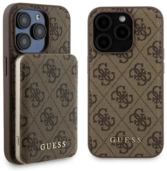 Zestaw Guess GUBPM5P15X4GEMGW iPhone 15 Pro Max 6.7" hardcase + Powerbank 5000mAh MagSafe brązowy|brown 4G Metal Logo
