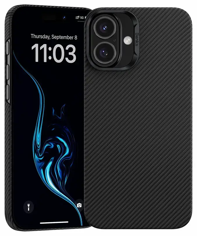 Benks Magnetic Armor Air Kevlar PC Frame 600D telefono dėklas iPhone 16 Plus juodas