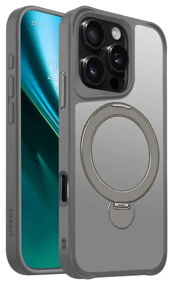 Etteri Matt Mag Ring phone case with stand and MagSafe support for iPhone 16 Pro gray