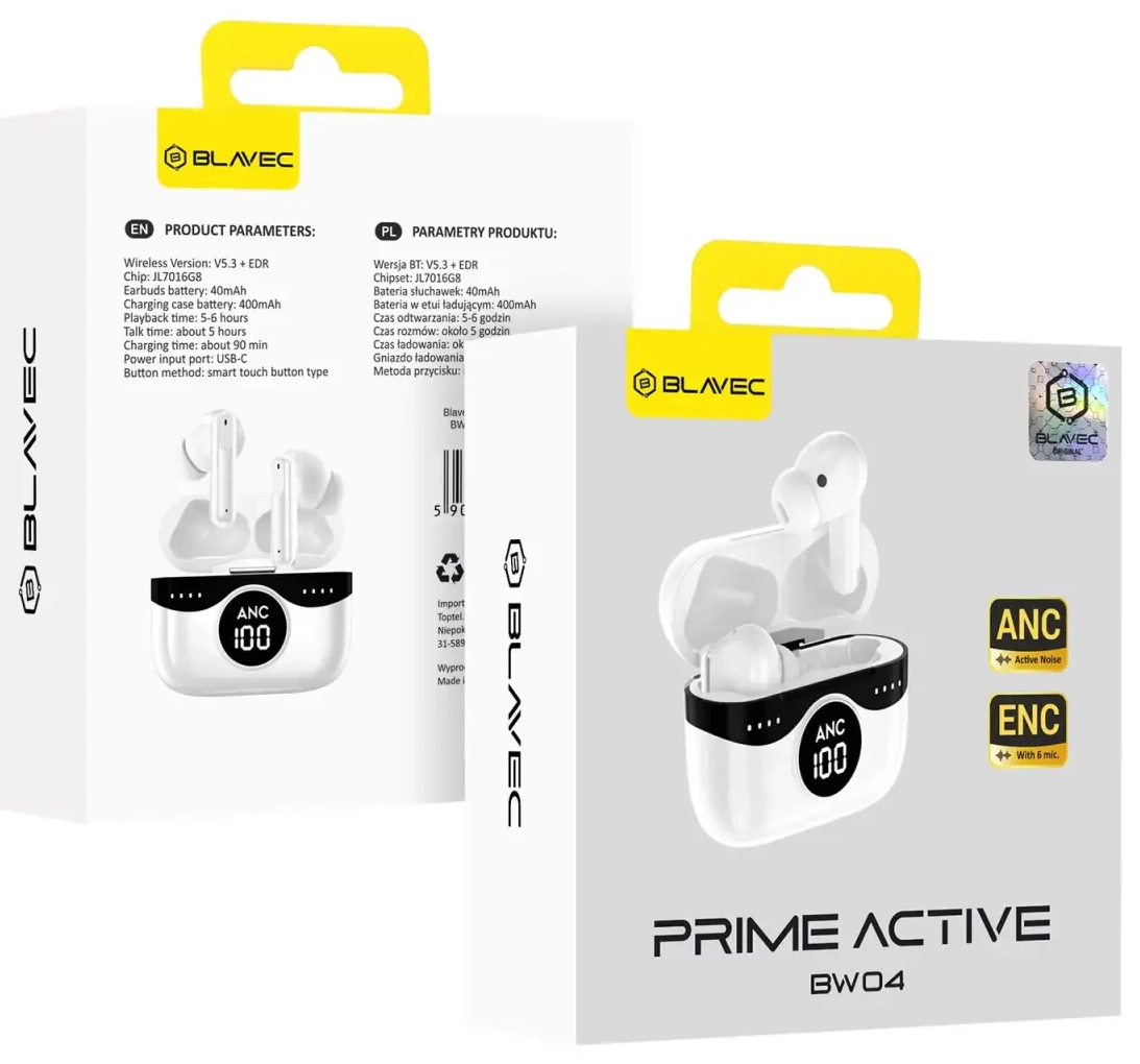 Blavec Bluetooth TWS kõrvaklapid BW04 Prime Active ANC+ENC (BW04PA-W) valge