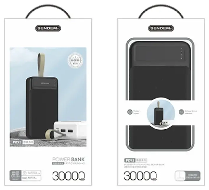 SENDEM PK93 ārējais akumulators (powerbank) | 30000 mAh | 10.5W | Micro USB, USB-C, USB-A | melns