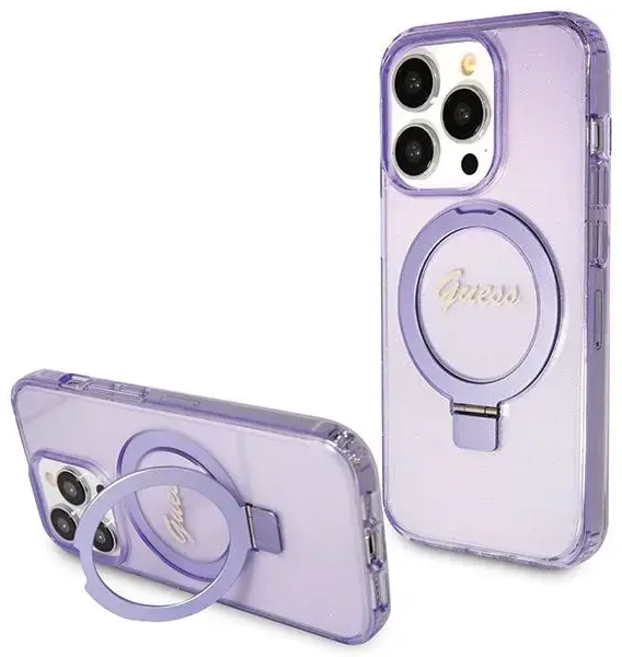 Guess GUHMP13XHRSGSU iPhone 13 Pro Max 6.1" fioletowy|purple hardcase Ring Stand Script Glitter MagSafe