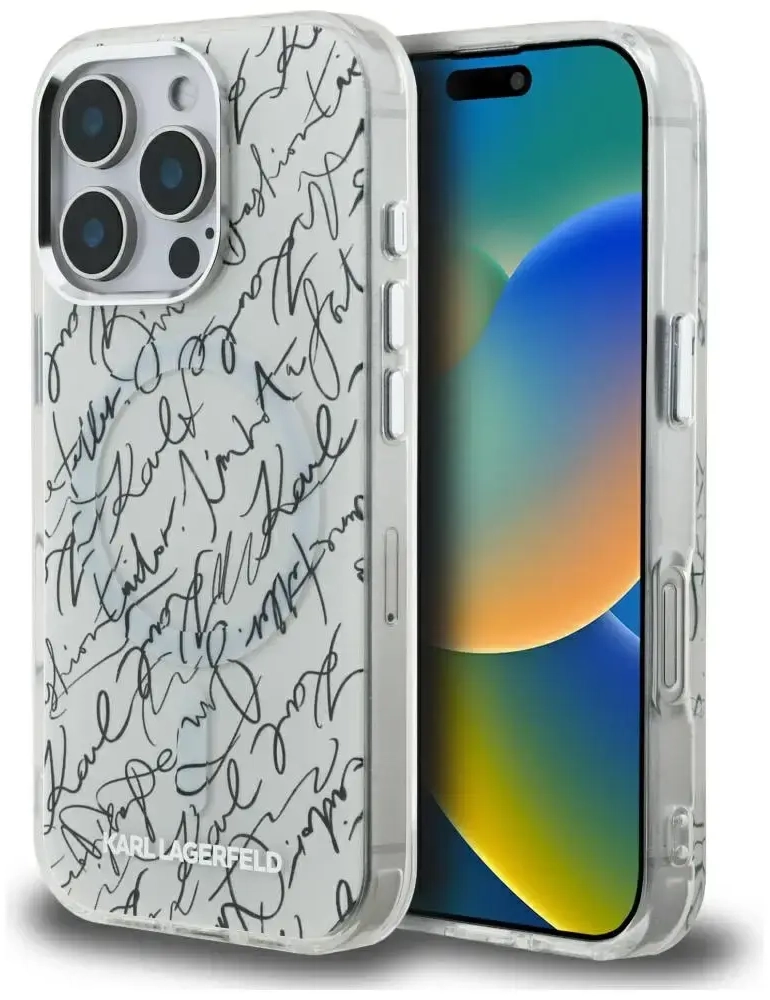 Case Karl Lagerfeld IML Karl Script Pattern MagSafe for iPhone 16 Pro white