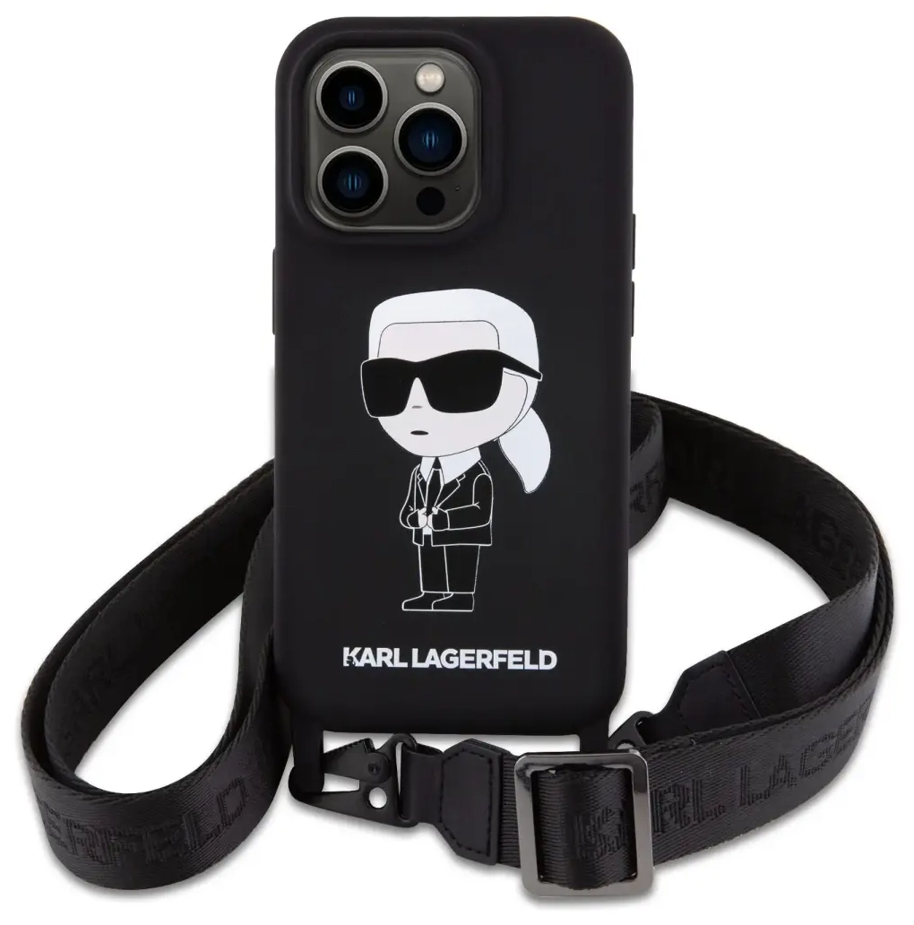 Karl Lagerfeld Liquid Silicone Crossbody Ikonik Case for iPhone 15 Pro Max Black