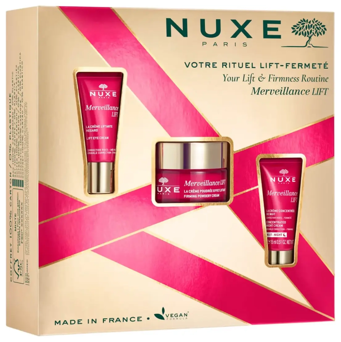 Nuxe rinkinys: Merveillance Expert, stangrinantis veido kremas, 50 ml + Merveillance Lift, veganiškas, stangrinantis paakių kremas, 15 ml + Merveillance Lift, veganiškas, stangrinantis naktinis veido kremas, 15 ml