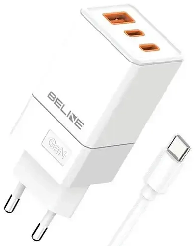 Beline BLN3CW65C tīkla lādētājs | 65W | GaN, PD 3.0, QC 3.0 | USB-C, USB-A | USB-C uz USB-C vads komplektā | balts
