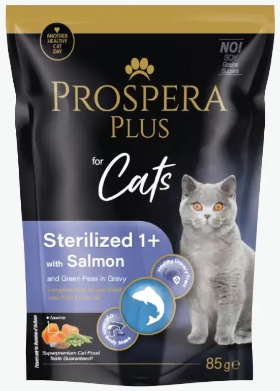 Konservi kaķiem - Prospera Plus, Cat Pouch Sterilized 1+, Salmon and Peas, 85 g