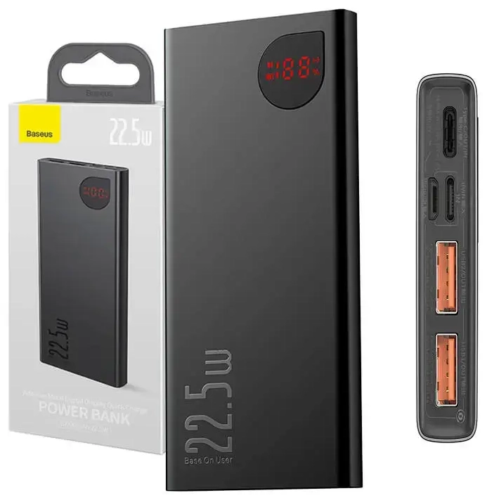 Baseus Adaman Metal ārējais akumulators (powerbank) | 10000 mAh | 22.5W | USB-A, USB-C, Lightning, Micro USB | LED ekrāns | melns