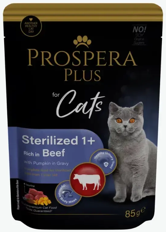 Konservi kaķiem - Prospera Plus, Cat Pouch Sterilized 1+, Beef and Pumpkins, 85 g