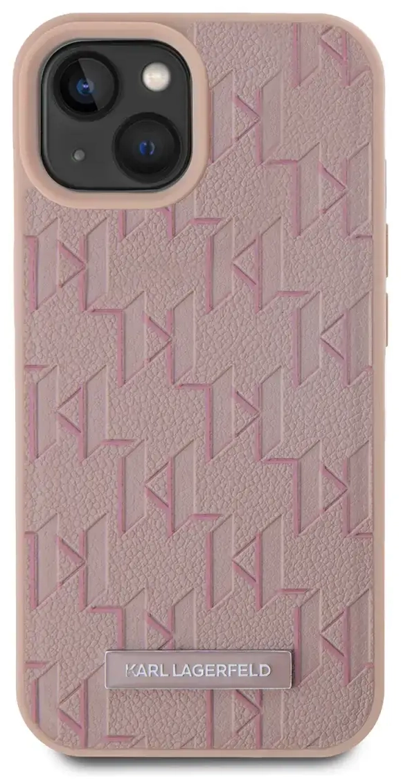 Karl Lagerfeld PU Leather Monogram Metal Logo MagSafe Case for iPhone 15 Pink
