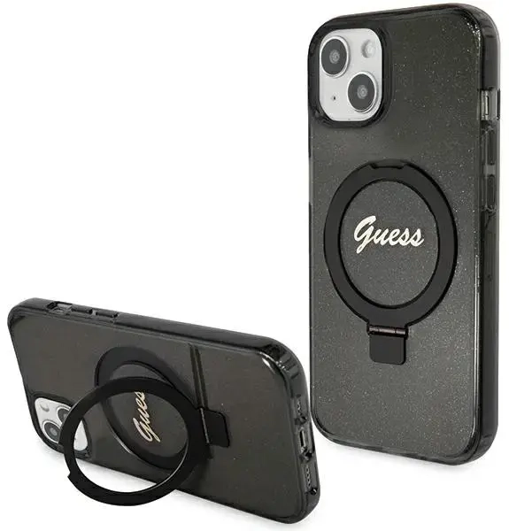 Guess GUHMP14SHRSGSK iPhone 14 | 15 | 13 6.1" czarny|black hardcase Ring Stand Script Glitter MagSafe