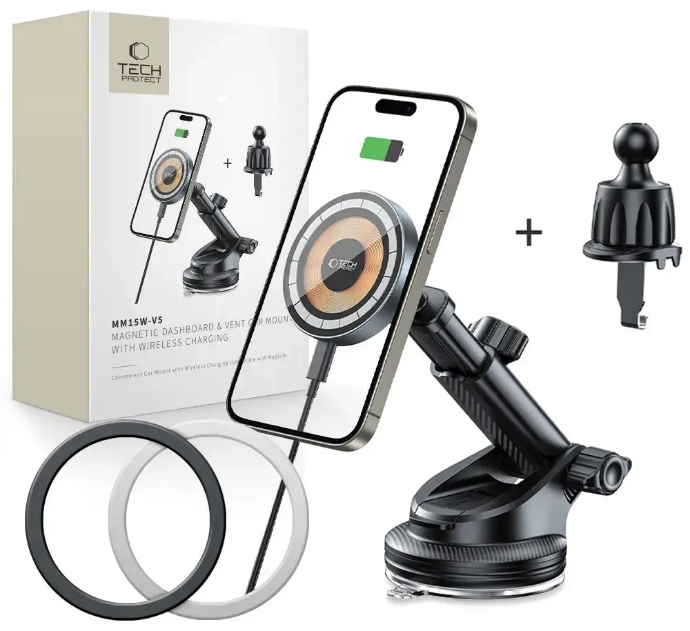 TECH-PROTECT MM15W-V5 MAGNETIC MAGSAFE DASHBOARD & VENT CAR MOUNT WIRELESS CHARGER 15W BLACK