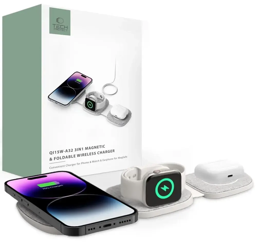 Tech-Protect QI15W-A32 беспроводная зарядка 3-в-1 | Qi | Совместима с MagSafe | 15W | серая
