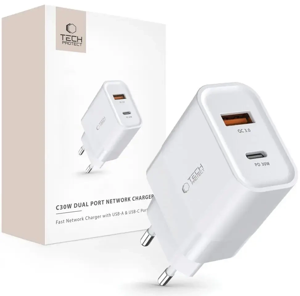 Tech-Protect C30W travel charger | 30W | PD, QC 3.0 | USB-C, USB-A | white