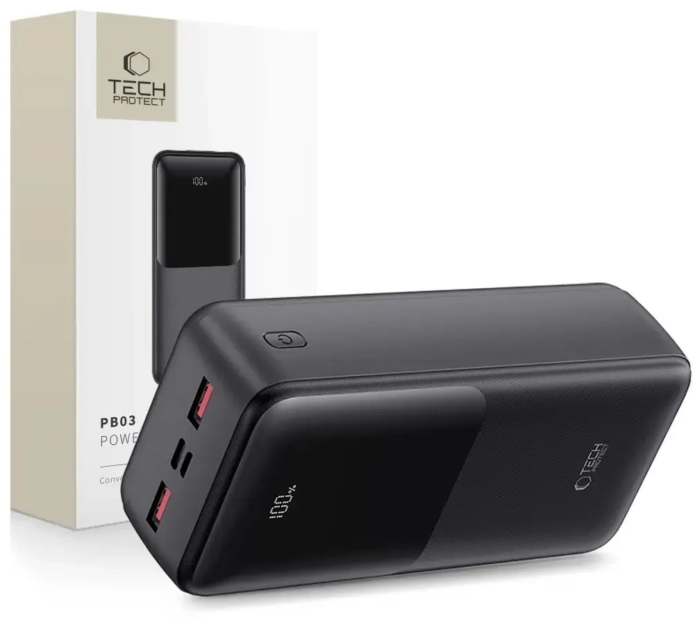 Tech-Protect PB03 ārējais akumulators (powerbank) | 30000 mAh | 22.5W | USB-A, USB-C, Micro USB | LED ekrāns | melns