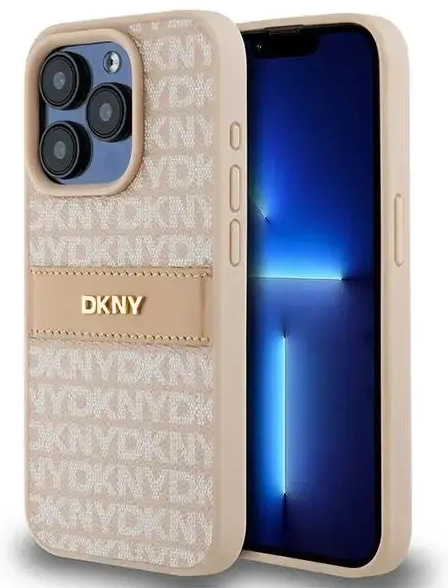 DKNY Leather Mono Stripe & Metal Logo case for iPhone 15 Pro - pink