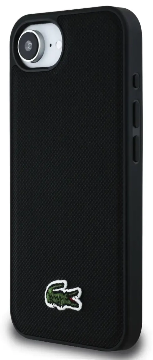Lacoste Iconic Petit Pique Woven Logo telefoniümbris iPhone 16e jaoks, must, MagSafe'iga