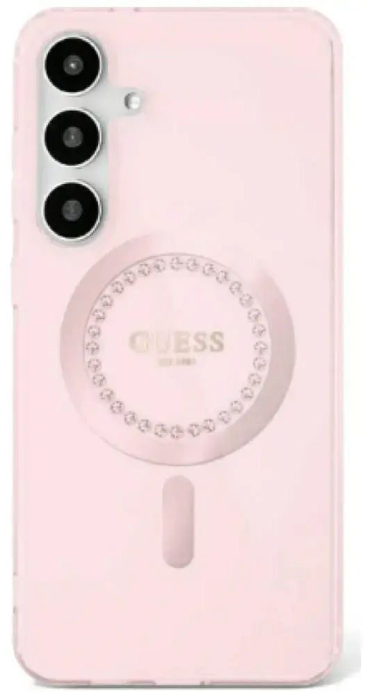 Dėklas Guess Rhinestones Printed Classic Logo MagSafe, skirtas Samsung Galaxy S25, rožinis