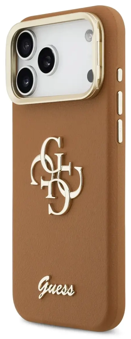 Guess PU Grained 4G Logo Stand Camera Frame Case for iPhone 17 Pro Max Brown