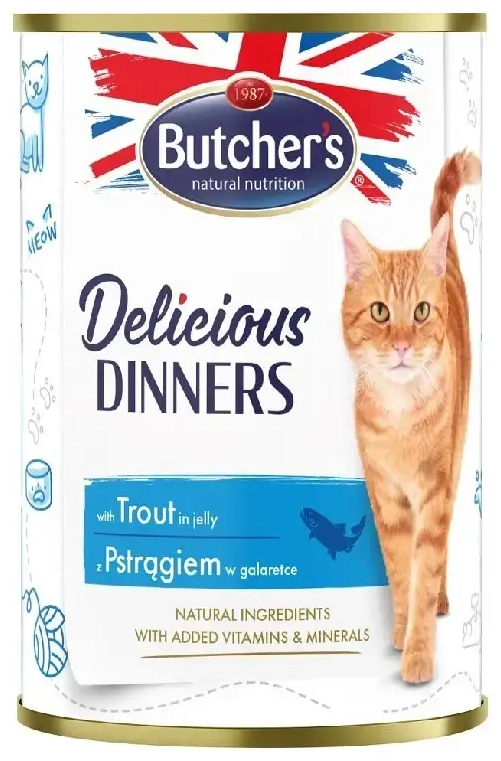 Konservēta barība kaķiem - Butchers CAT Delicious Dinners with trout chunks in Jelly 400g