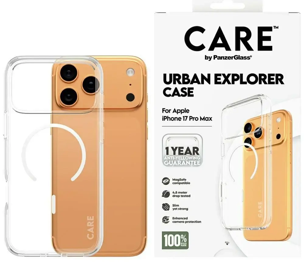 CARE by PanzerGlass Flagship Urban Explorer Case w. White MagSafe for iPhone 17 Pro Max Clear