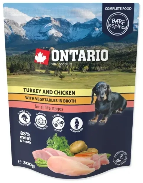 Konservi kucēniem : Ontario Dog Turkey, Chicken and vegetables in broth, 300g