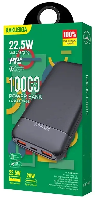 KAKUSIGA KSC-887 external battery (powerbank) | 10000 mAh | 22.5W | USB-A, USB-C | black