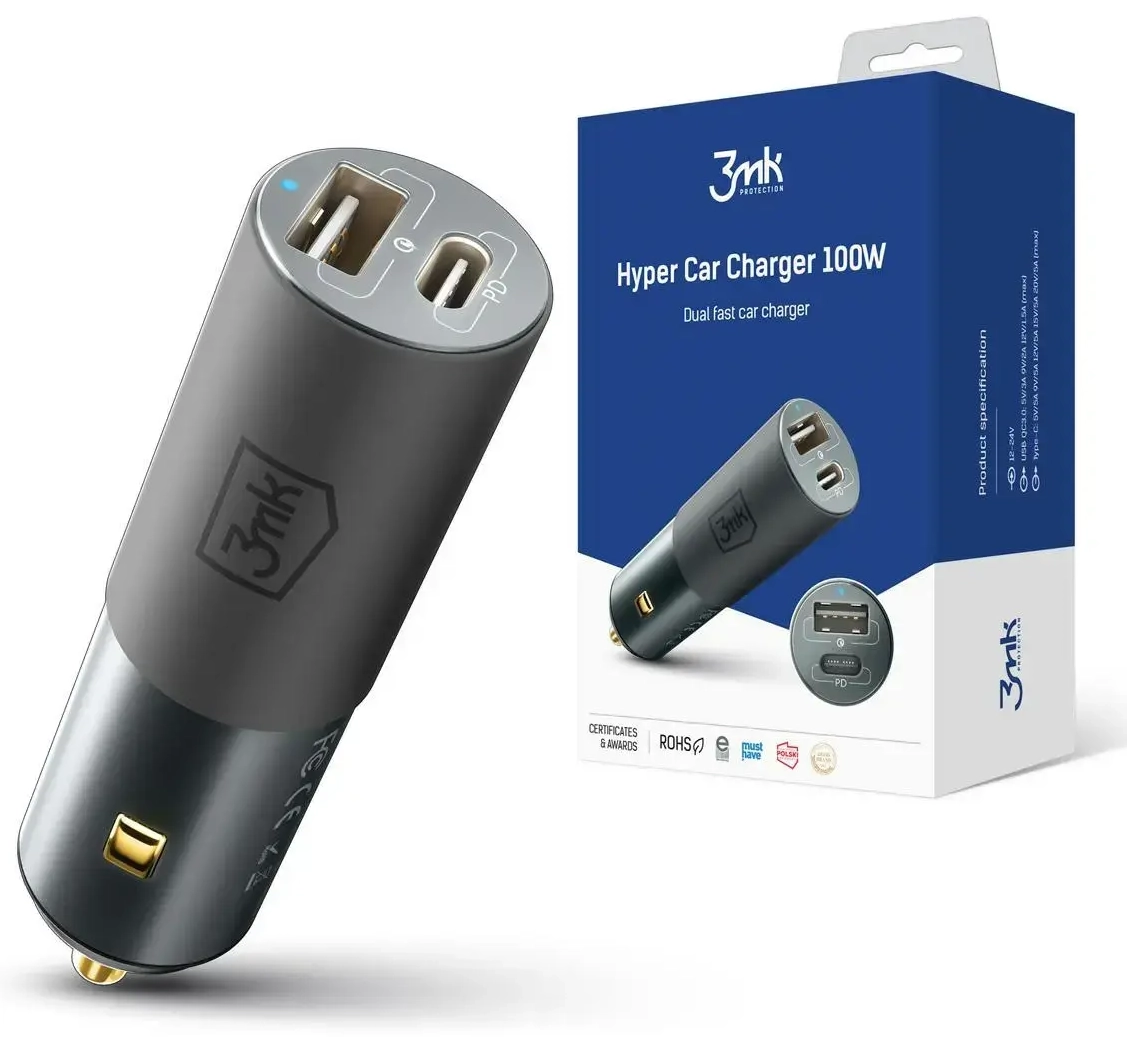 3mk Hyper automobilinis įkroviklis | 100W | USB-A, USB-C | juodas