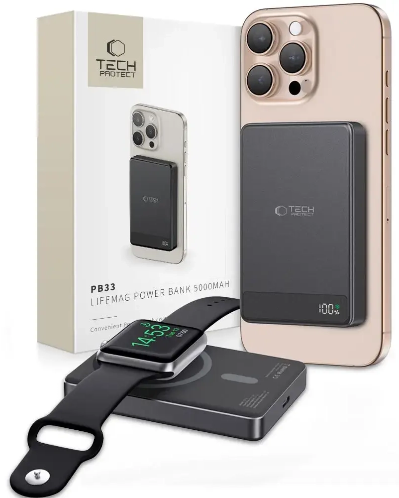 Tech-Protect PB33 LifeMag ārējais akumulators (powerbank) | 5000 mAh | 15W | USB-C, MagSafe | LED ekrāns | melns