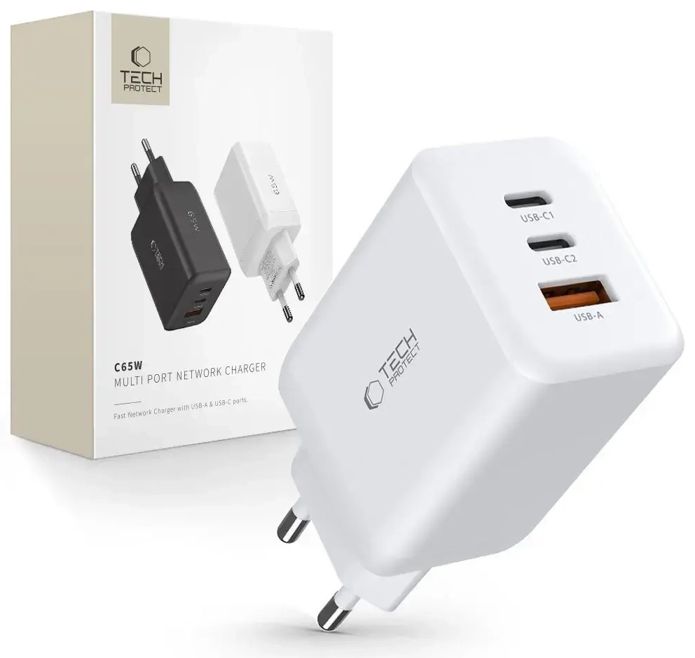 Tech-Protect C65W travel charger | 65W | PD, QC3.0 | USB-C, USB-A | white