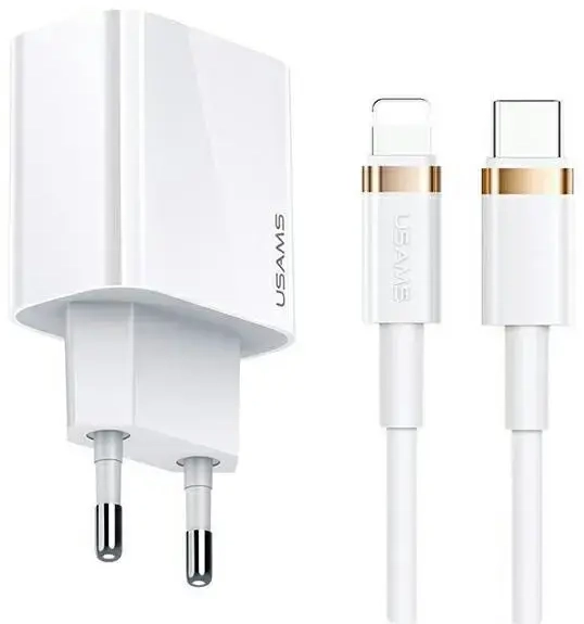USAMS T34 tīkla lādētājs | 20W | PD3.0 | USB-C | USB-C uz Lightning vads komplektā | balts