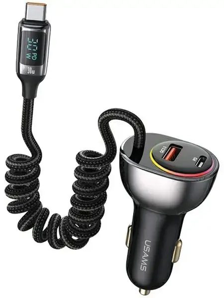 USAMS C37 CC192CC01 auto lādētājs | 60W | PD, QC | USB-A, USB-C | ar USB-C vadu komplektā | melns