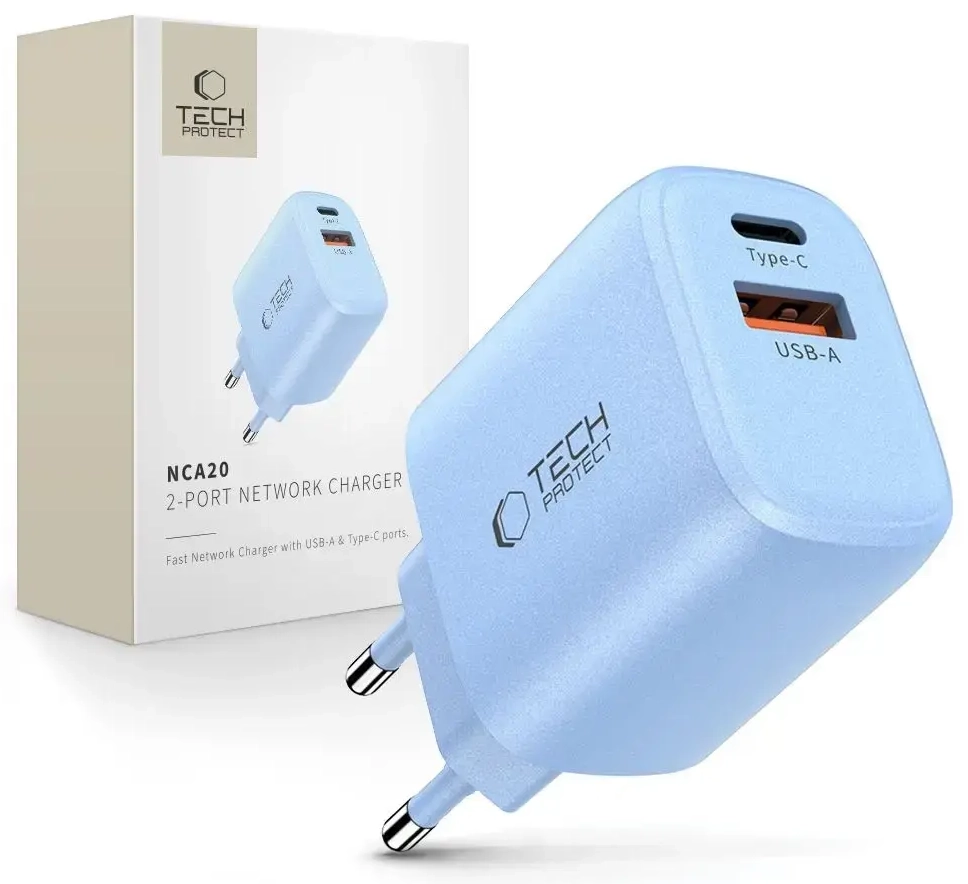 Tech-Protect NCA20 tīkla lādētājs | 20W | PD, QC | USB-A, USB-C | zils
