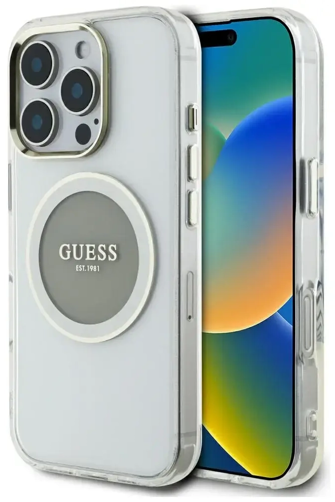Guess IML Metal Colored Circle Classic Logo MagSafe Phone Case for iPhone 16 Pro Max grey