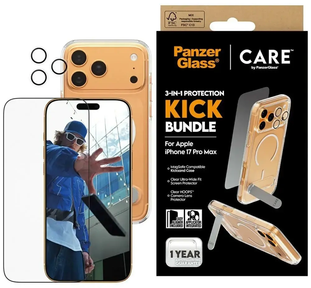 CARE by PanzerGlass Feature Kick 3in1 Case + Glass + Lens Protection Kit for iPhone 17 Pro Max