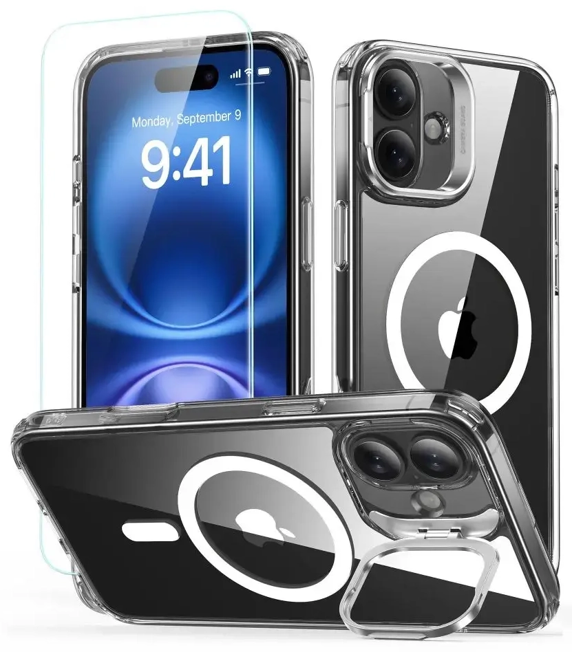 ESR Classic Hybrid Kickstand Halolock MagSafe Case Set + Tempered Glass for iPhone 16 - Clear