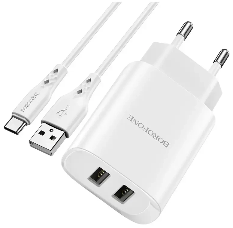 Borofone BN2 tīkla lādētājs | 10.5W | USB-A, USB-C | USB-C vads komplektā | balts
